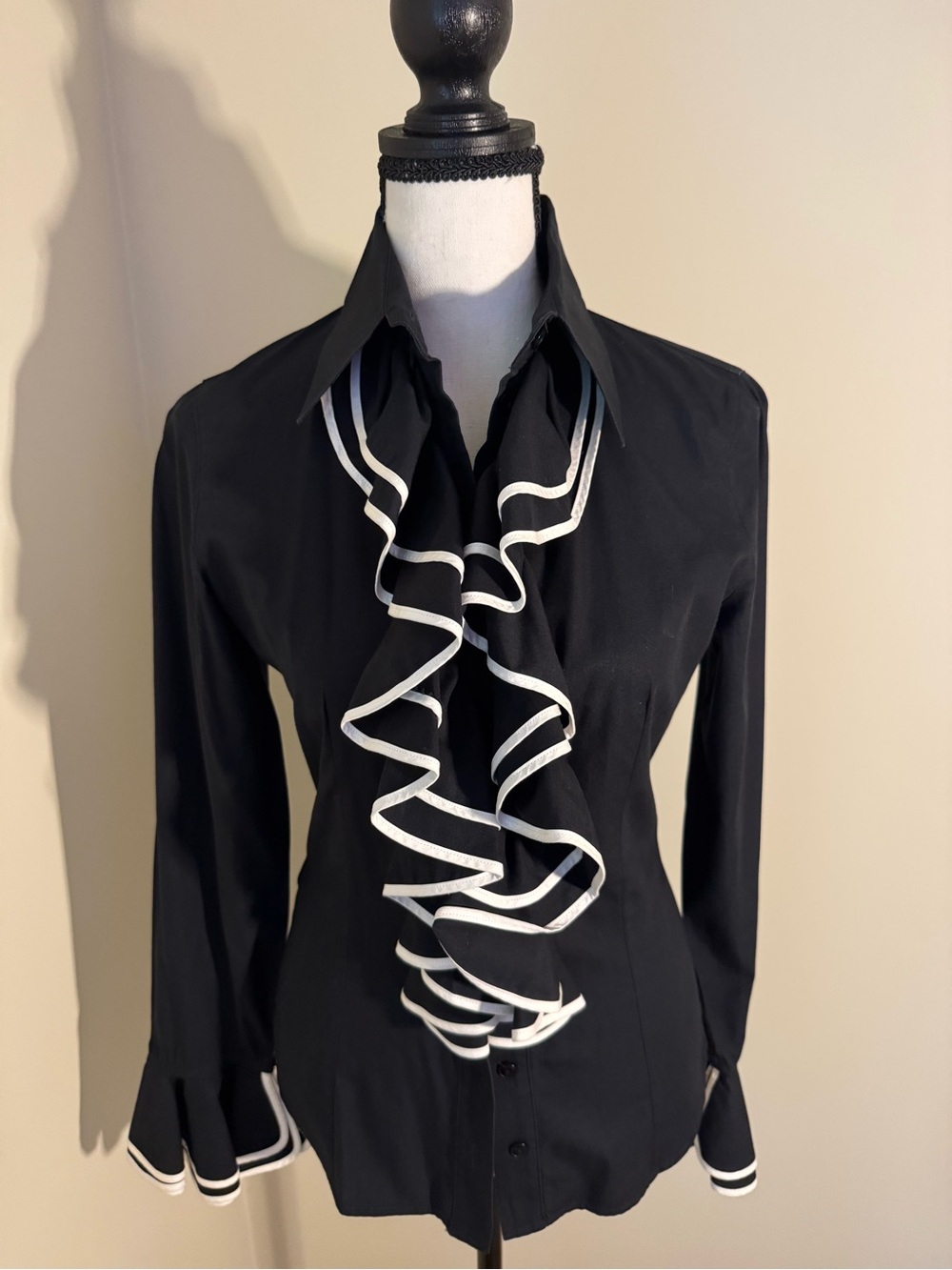 Anne Fontaine Black Ruffle Button-Down Shirt with White Trim